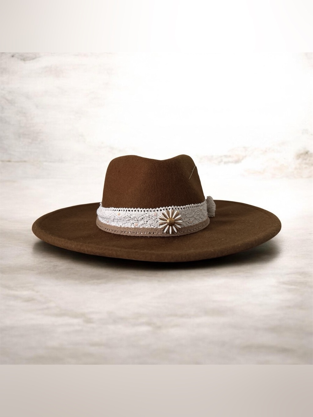 Brown Wide Brim Felt Hat with Lace Band